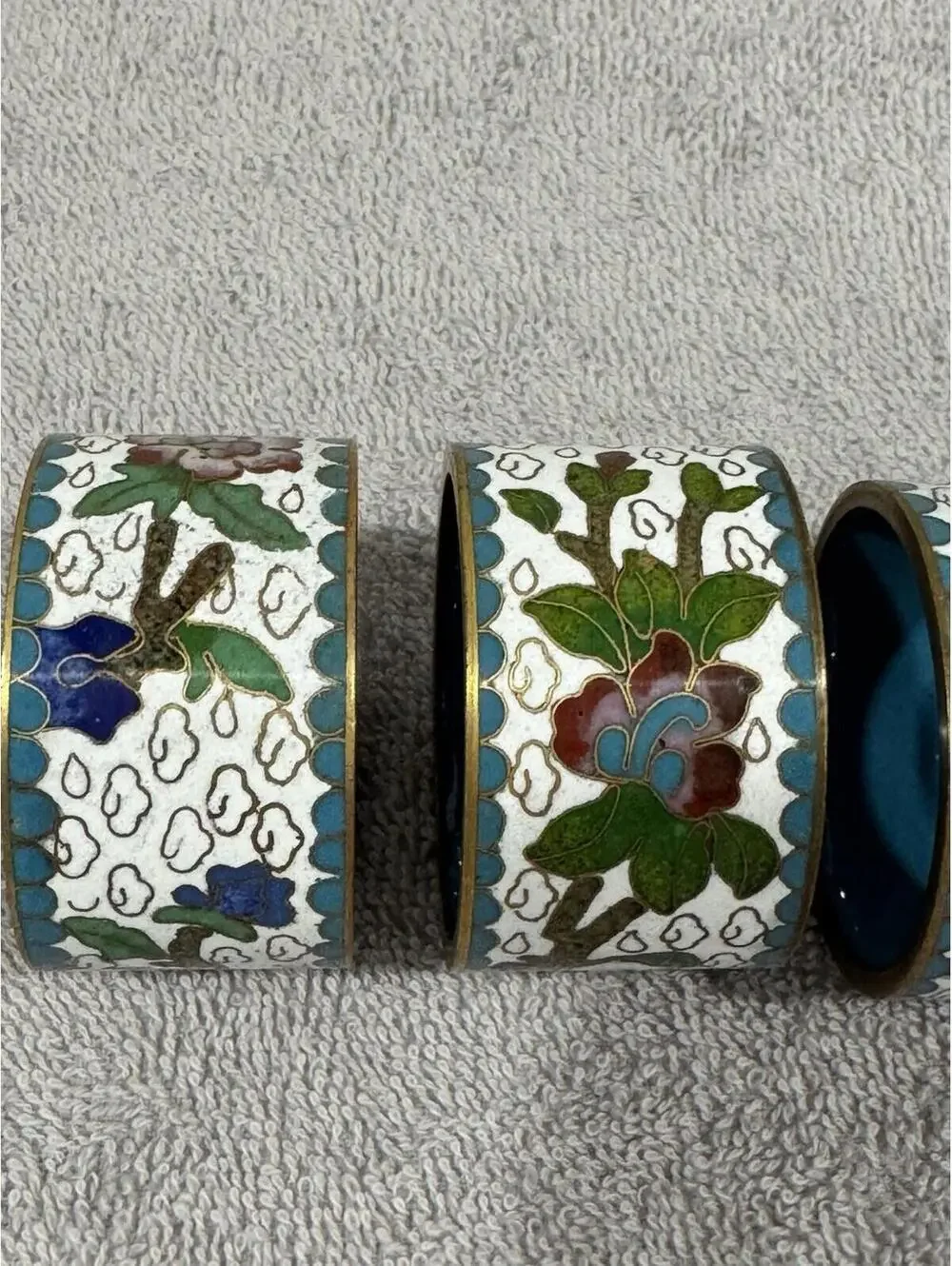 Vintage Cloisonné Enamel Napkin Rings Chinese 6 Red Blue Green Floral